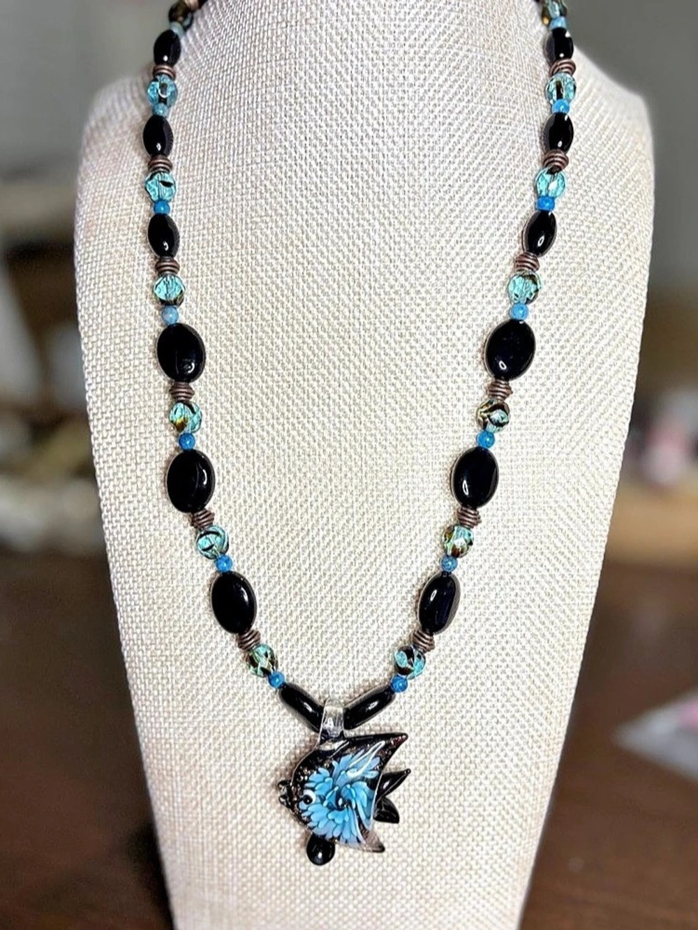 Black & Blue Glass Pendant Necklace